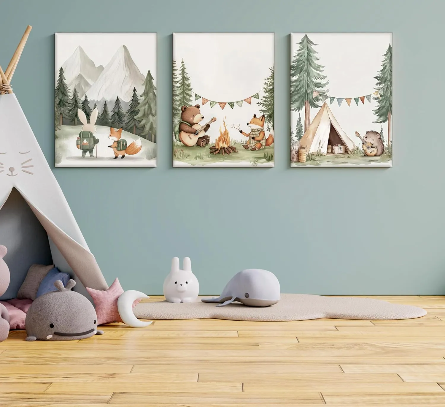 Woodland Animal Nursery Canvas Wall Art Fox Bear Rabbit Hedgehog Paintings Pictures Safari Nursery Wall Decor Forest Animals Camping Campfire Poster Print Artwork for Boys Kids Room Home Decoration