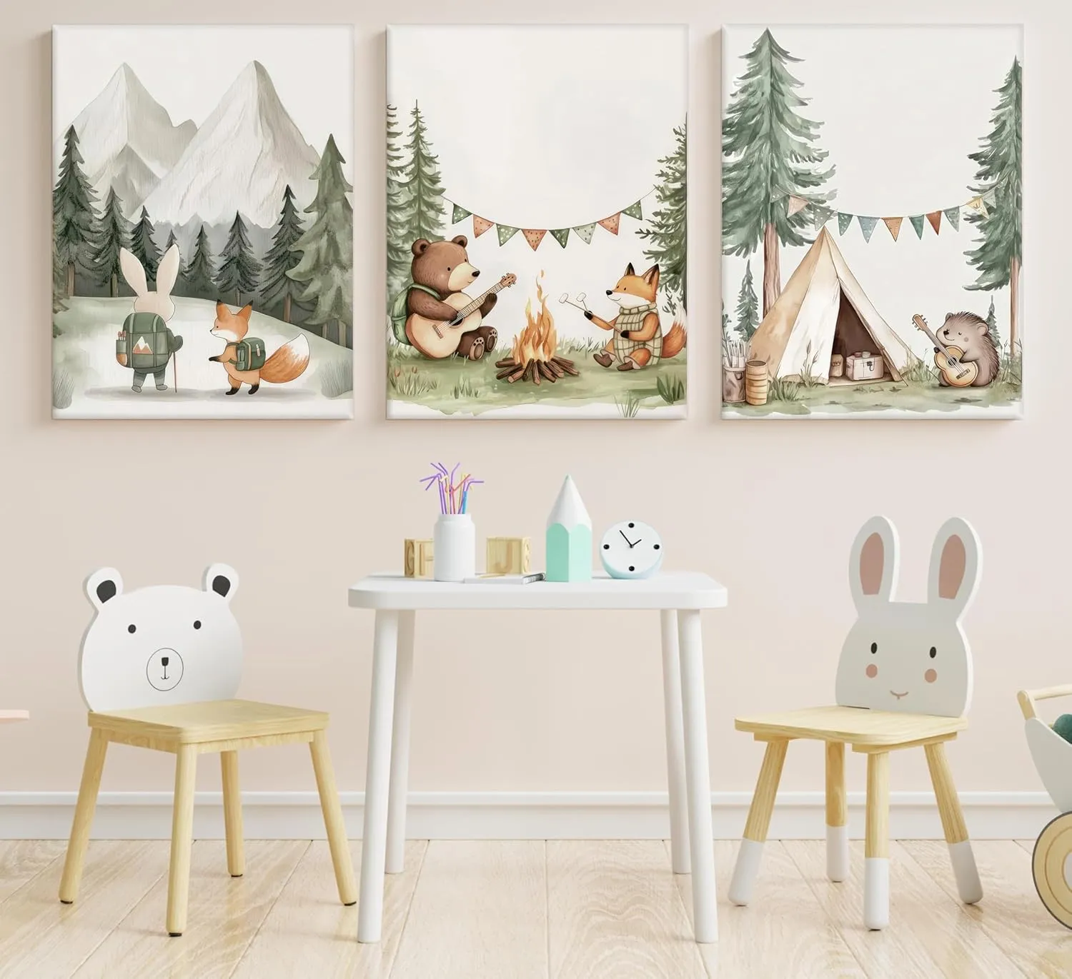 Woodland Animal Nursery Canvas Wall Art Fox Bear Rabbit Hedgehog Paintings Pictures Safari Nursery Wall Decor Forest Animals Camping Campfire Poster Print Artwork for Boys Kids Room Home Decoration