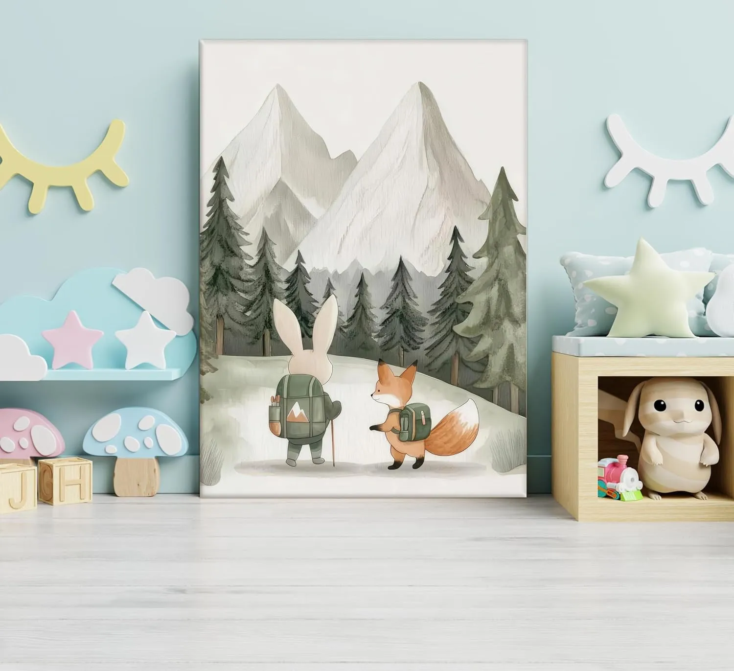Woodland Animal Nursery Canvas Wall Art Fox Bear Rabbit Hedgehog Paintings Pictures Safari Nursery Wall Decor Forest Animals Camping Campfire Poster Print Artwork for Boys Kids Room Home Decoration