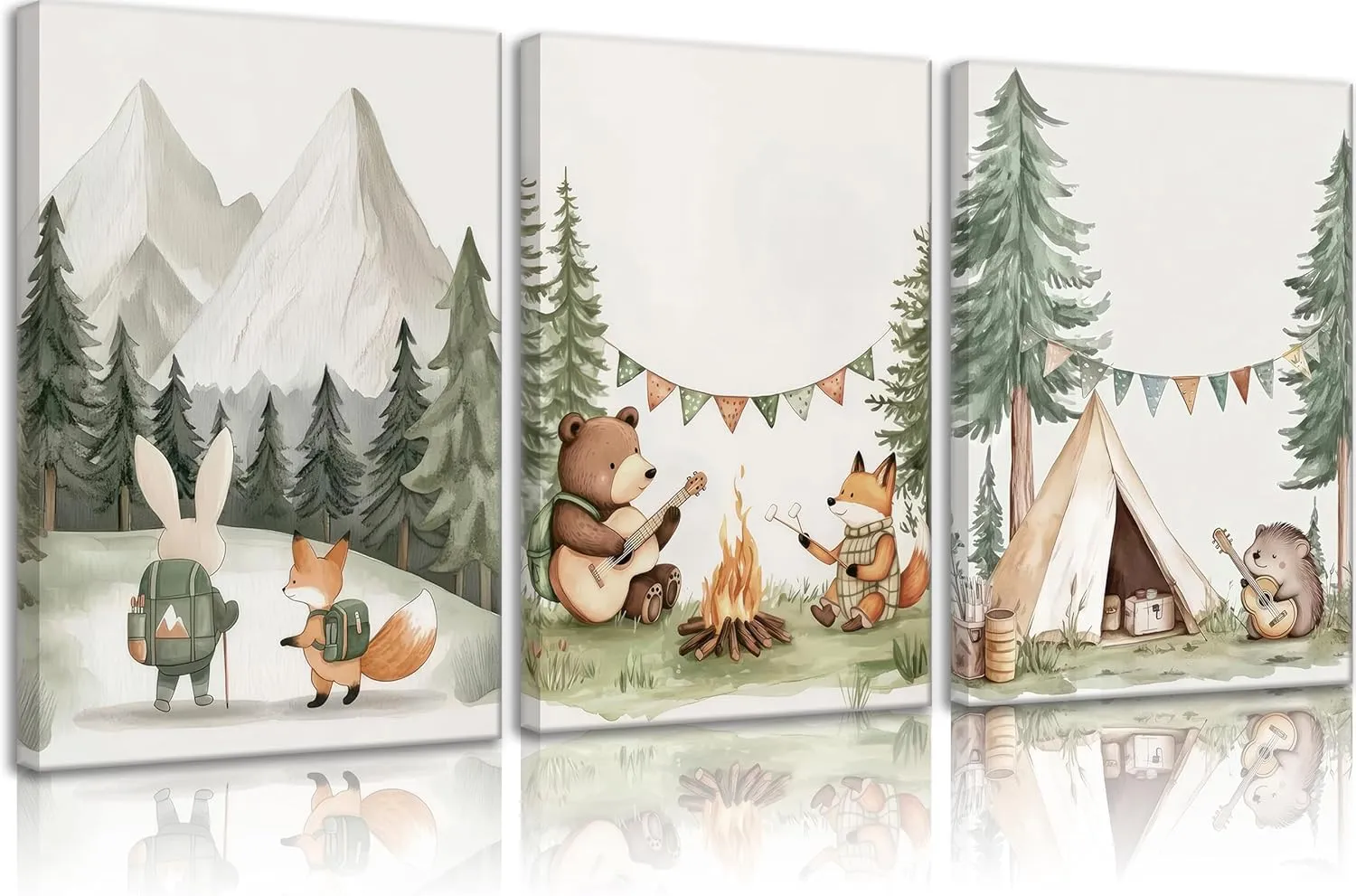 Woodland Animal Nursery Canvas Wall Art Fox Bear Rabbit Hedgehog Paintings Pictures Safari Nursery Wall Decor Forest Animals Camping Campfire Poster Print Artwork for Boys Kids Room Home Decoration