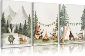 Woodland Animal Nursery Canvas Wall Art Fox Bear Rabbit Hedgehog Paintings Pictures Safari Nursery Wall Decor Forest Animals Camping Campfire Poster Print Artwork for Boys Kids Room Home Decoration