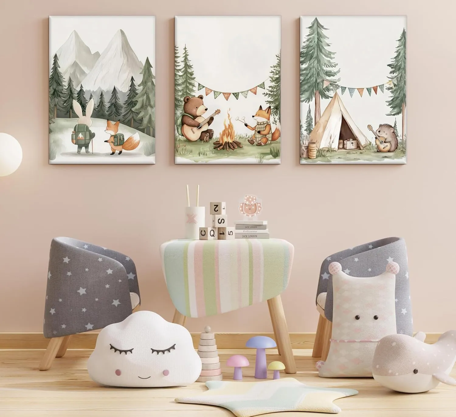 Woodland Animal Nursery Canvas Wall Art Fox Bear Rabbit Hedgehog Paintings Pictures Safari Nursery Wall Decor Forest Animals Camping Campfire Poster Print Artwork for Boys Kids Room Home Decoration