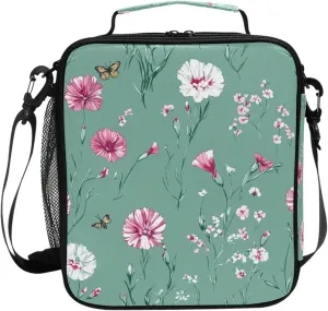 Wudan Cartoon Dianthus Sage Green Insulated Kids Lunch Bag Thermal Family Tote Bag for Outdoor Picnic