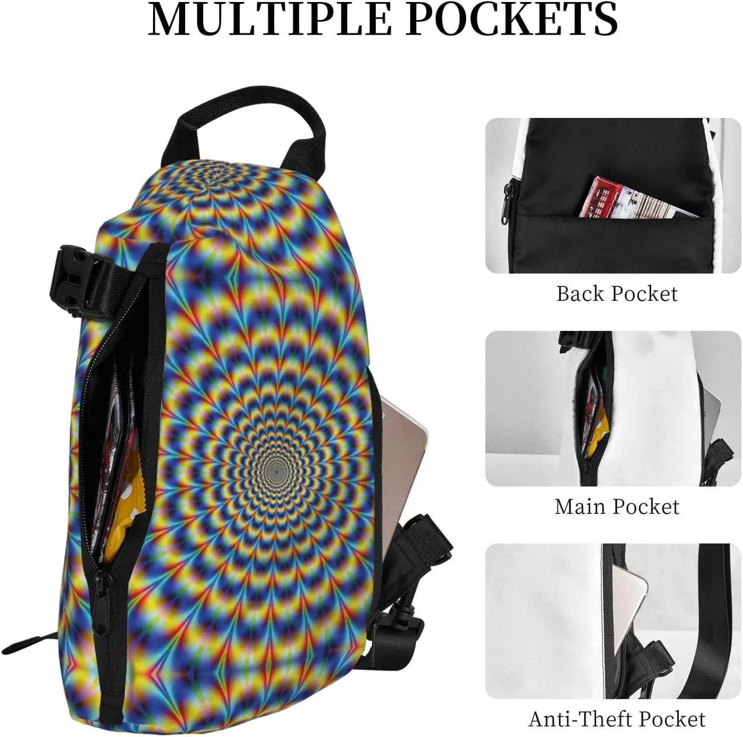 WURTON Spiral Optical Illusion Gif Print Crossbody Backpack Cross Pack Lightweight Sling Bag Travel, Hiking
