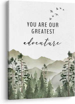 XWELLDAN You are Our Greatest Adventure Woodland Nursery Inspirational Wall Art Canvas Prints,Watercolor Forest Mountain Adventure Wall Art Decor for Kids Baby Bedroom Nursery, 11 x 14 Inch, Framed
