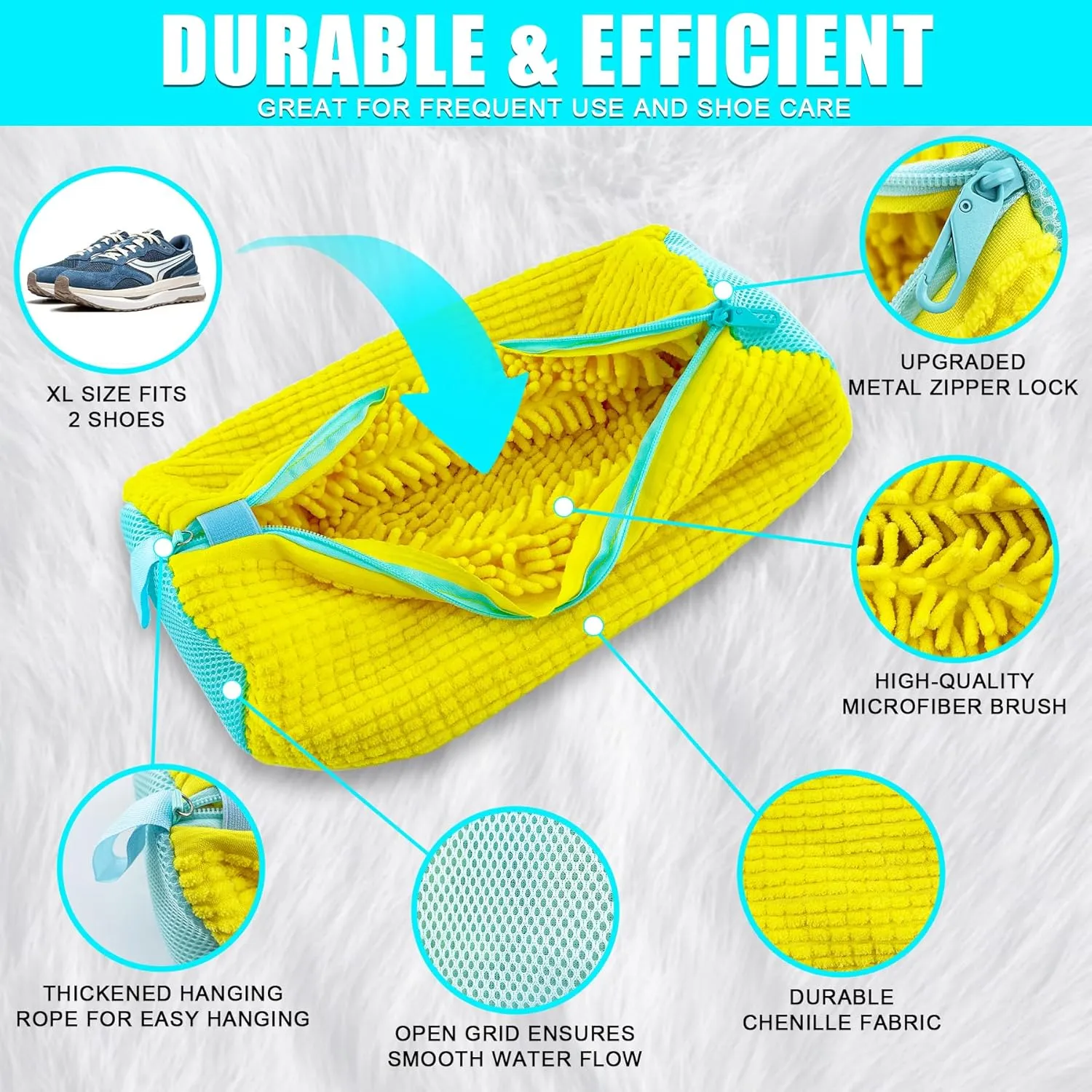 XXL Shoe Washing Machine Bag - 2-Pack Reusable Shoe Cleaning Bags, 360° Deep Clean for Sneakers, Tennis Shoes, and Slippers, Includes 2 Shoe Storage Dust Bags (Yellow)
