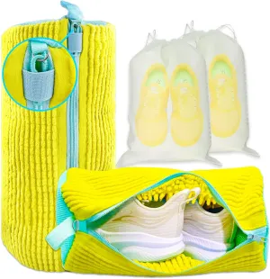 XXL Shoe Washing Machine Bag - 2 Reusable Shoe Cleaning Bags, Shoe Laundry Bag with Zipper Protection Design, 360° Deep Clean for Sneaker Tennis Shoe, Include 2 Shoe Storage Dust Bags (Yellow)