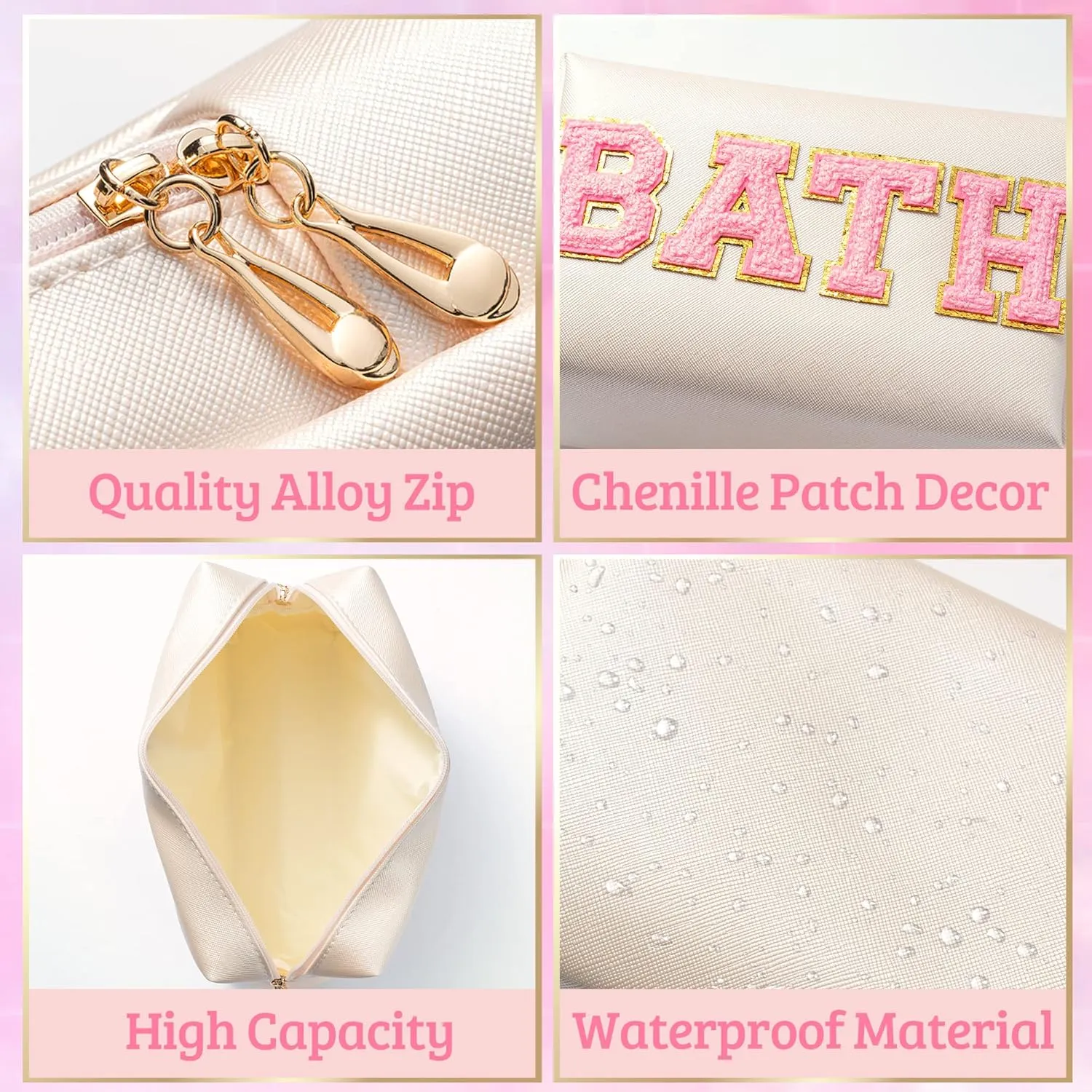 Y1tvei Travel Makeup Bag Gift, Large Capacity Cosmetic Bags, Nylon Stony Clover Makeup Bag Preppy Patch Makeup Bag Pink Stuff Chenille Letter Pouch Skin Bath PU Leather Makeup Bag Preppy Pouch, 3Pcs