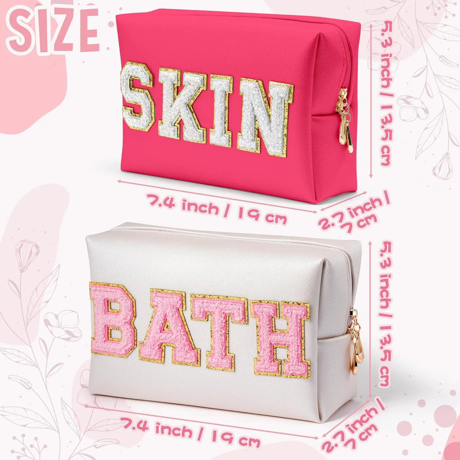 Y1tvei Travel Makeup Bag Gift, Large Capacity Cosmetic Bags, Nylon Stony Clover Makeup Bag Preppy Patch Makeup Bag Pink Stuff Chenille Letter Pouch Skin Bath PU Leather Makeup Bag Preppy Pouch, 3Pcs