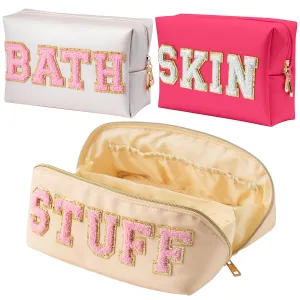 Y1tvei Travel Makeup Bag Gift, Large Capacity Cosmetic Bags, Nylon Stony Clover Makeup Bag Preppy Patch Makeup Bag Pink Stuff Chenille Letter Pouch Skin Bath PU Leather Makeup Bag Preppy Pouch, 3Pcs