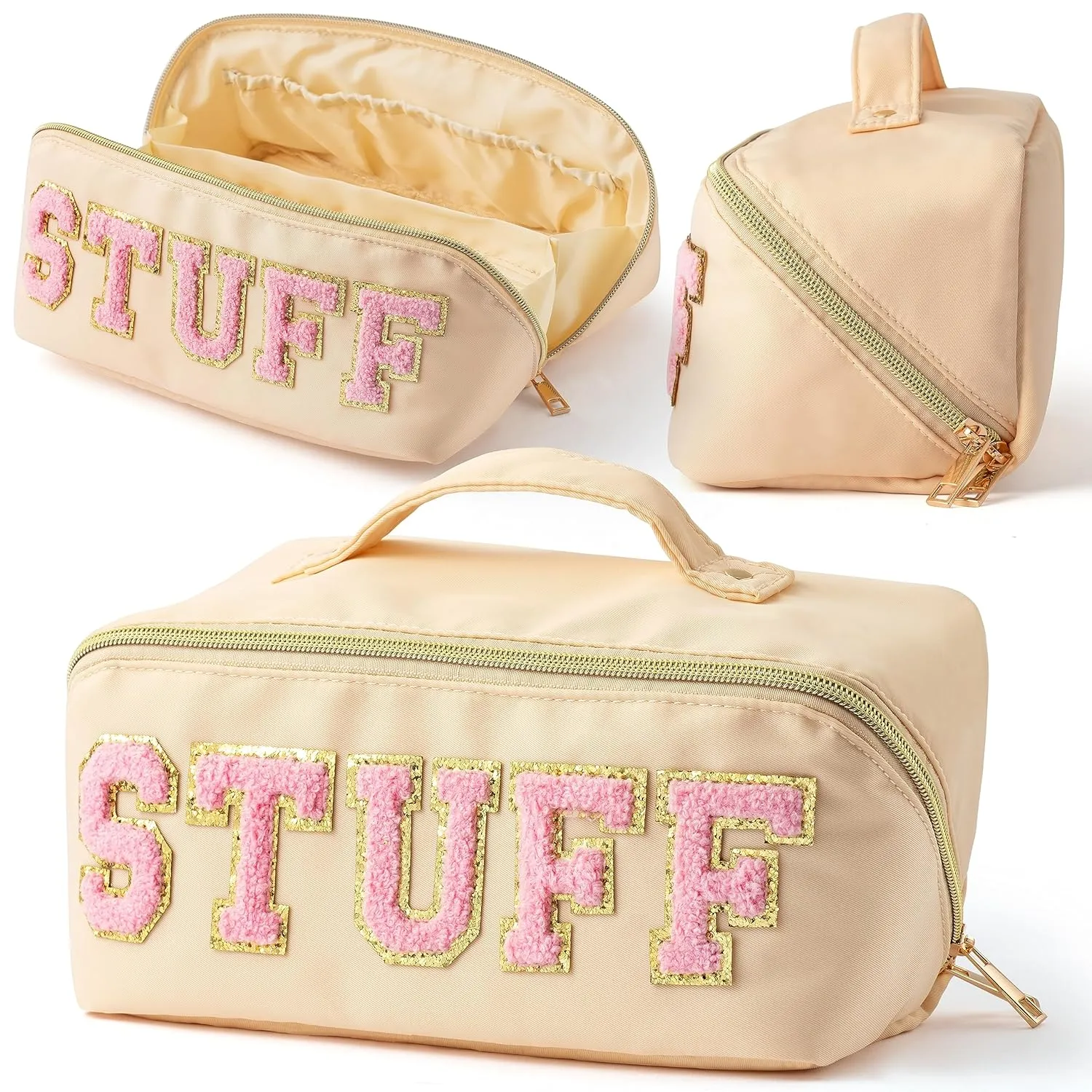 Y1tvei Travel Makeup Bag Gift, Large Capacity Cosmetic Bags, Nylon Stony Clover Makeup Bag Preppy Patch Makeup Bag Pink Stuff Chenille Letter Pouch Stuff Pouch Wide Open Makeup Bag Preppy Pouch