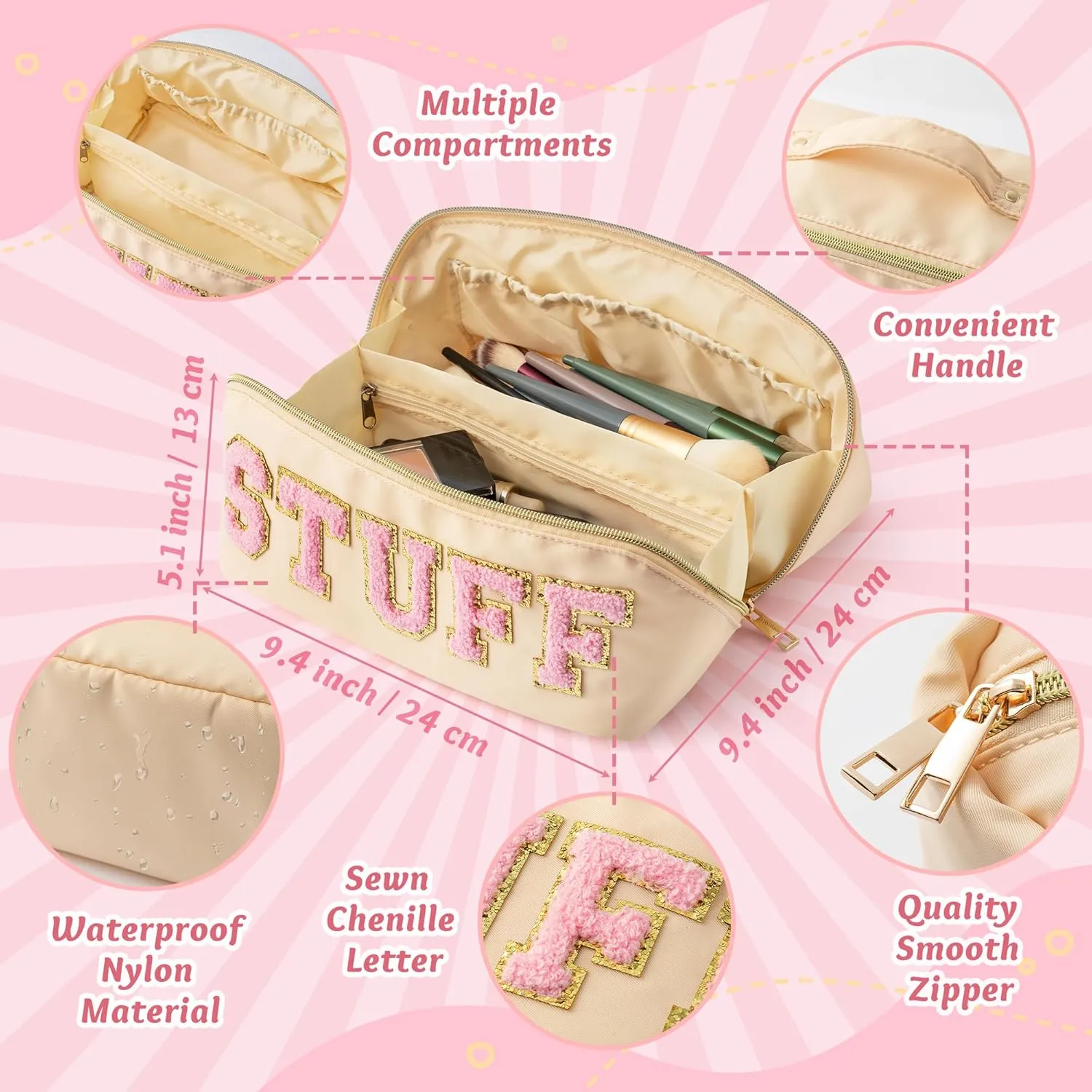 Y1tvei Travel Makeup Bag Gift, Large Capacity Cosmetic Bags, Nylon Stony Clover Makeup Bag Preppy Patch Makeup Bag Pink Stuff Chenille Letter Pouch Stuff Pouch Wide Open Makeup Bag Preppy Pouch