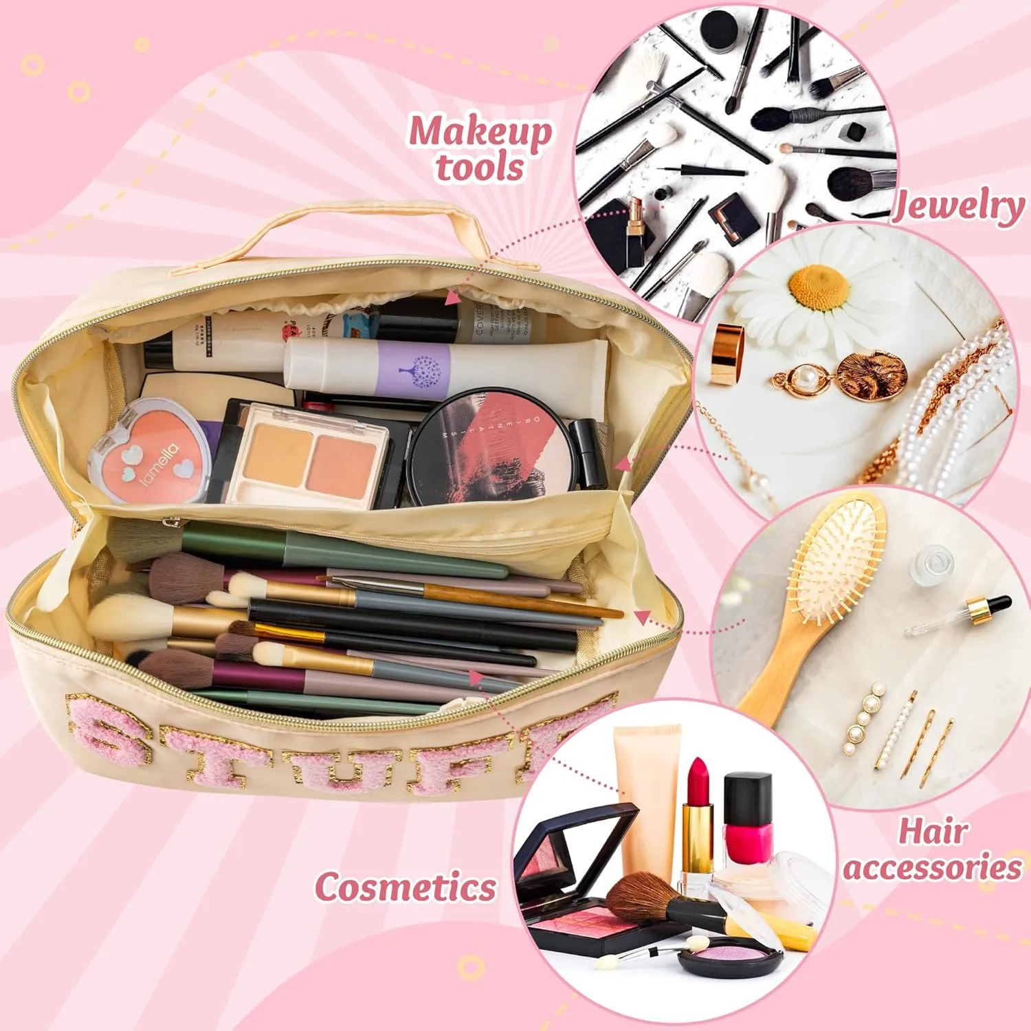 Y1tvei Travel Makeup Bag Gift, Large Capacity Cosmetic Bags, Nylon Stony Clover Makeup Bag Preppy Patch Makeup Bag Pink Stuff Chenille Letter Pouch Stuff Pouch Wide Open Makeup Bag Preppy Pouch