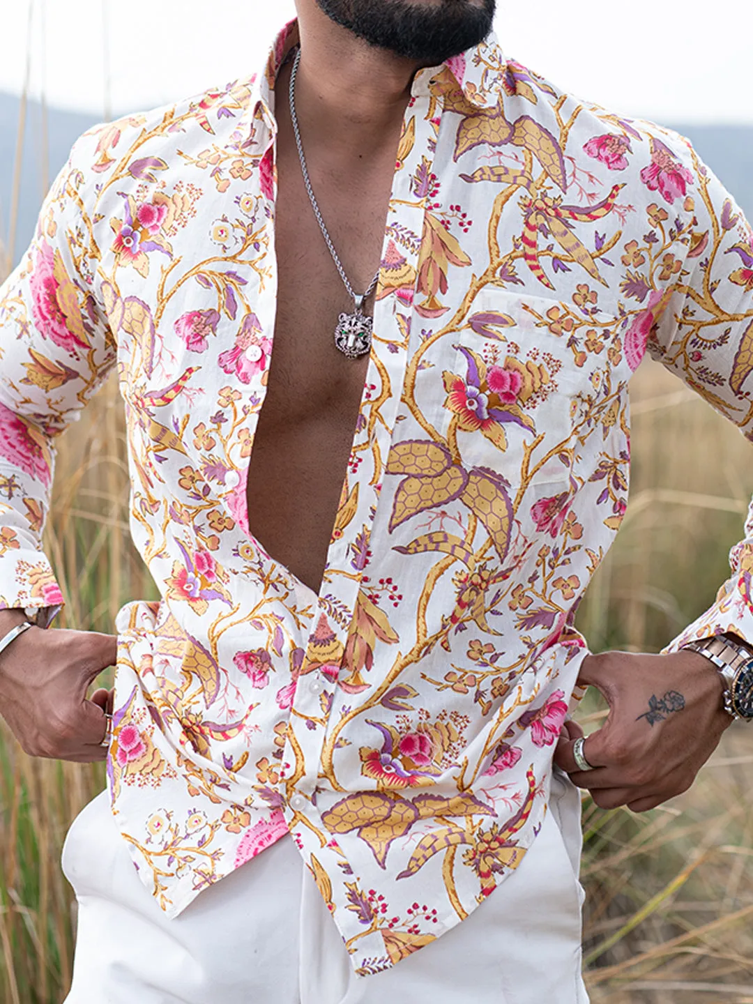 Yellow Chintz Printed Full Sleeves Cotton Shirt