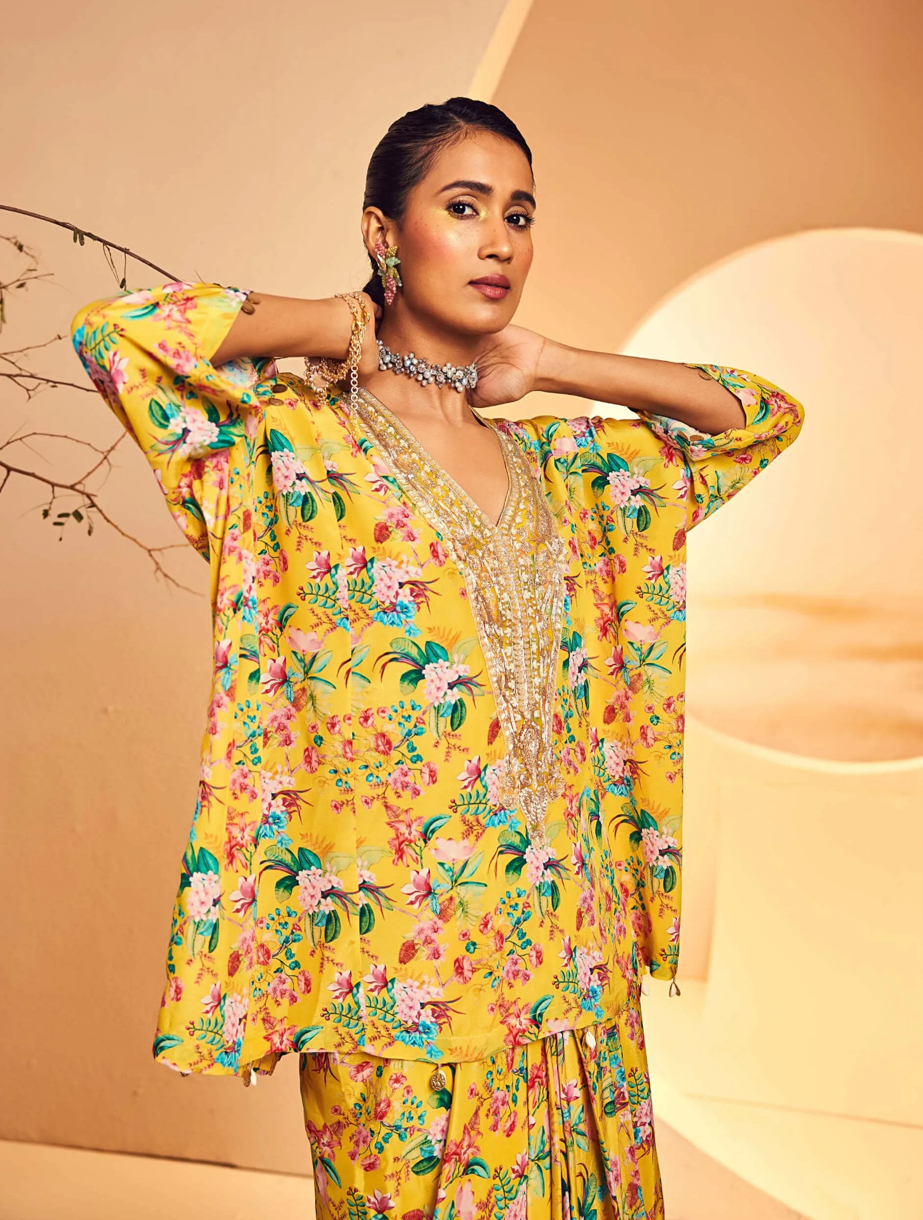 Yellow chintz printed poncho and dhoti