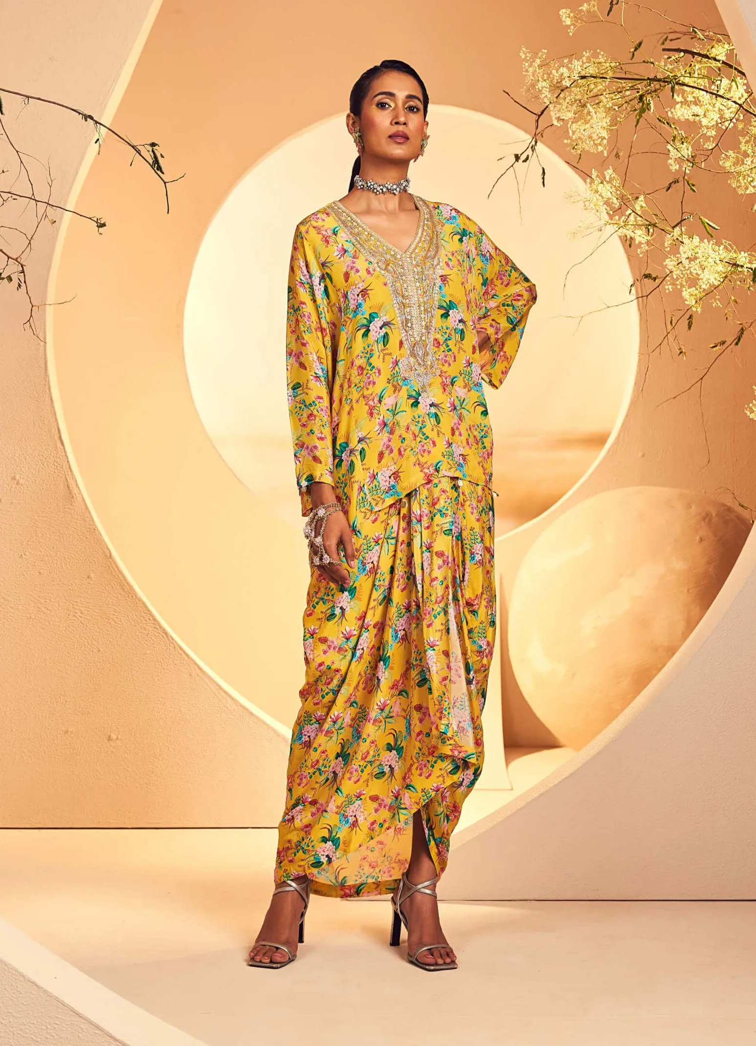 Yellow chintz printed poncho and dhoti