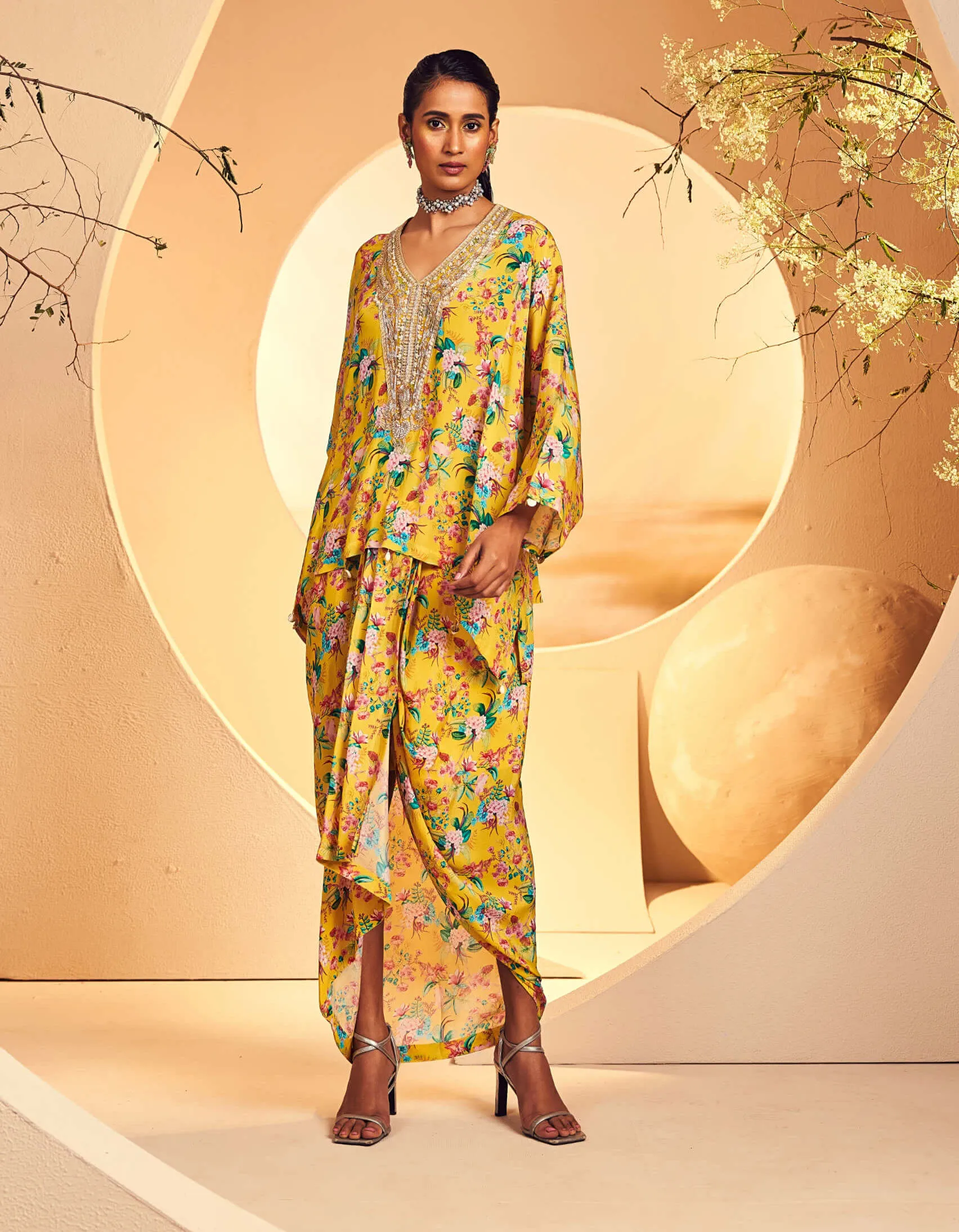Yellow chintz printed poncho and dhoti