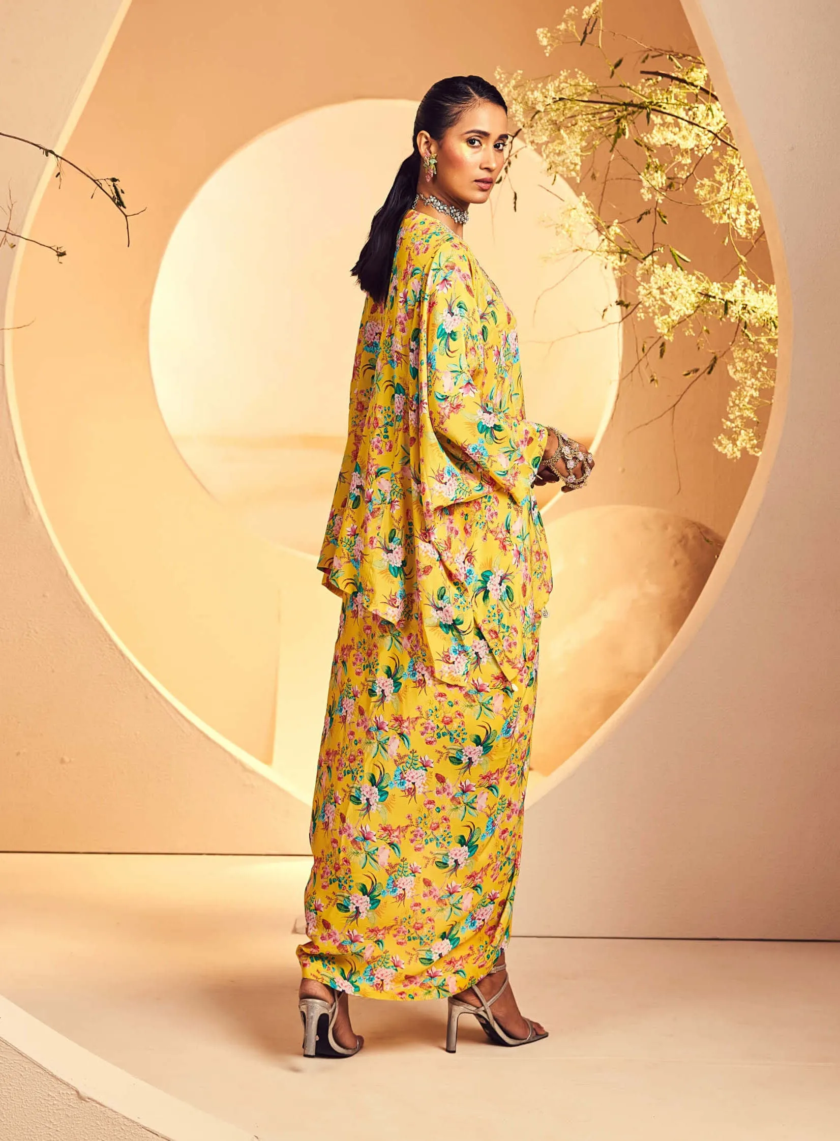 Yellow chintz printed poncho and dhoti