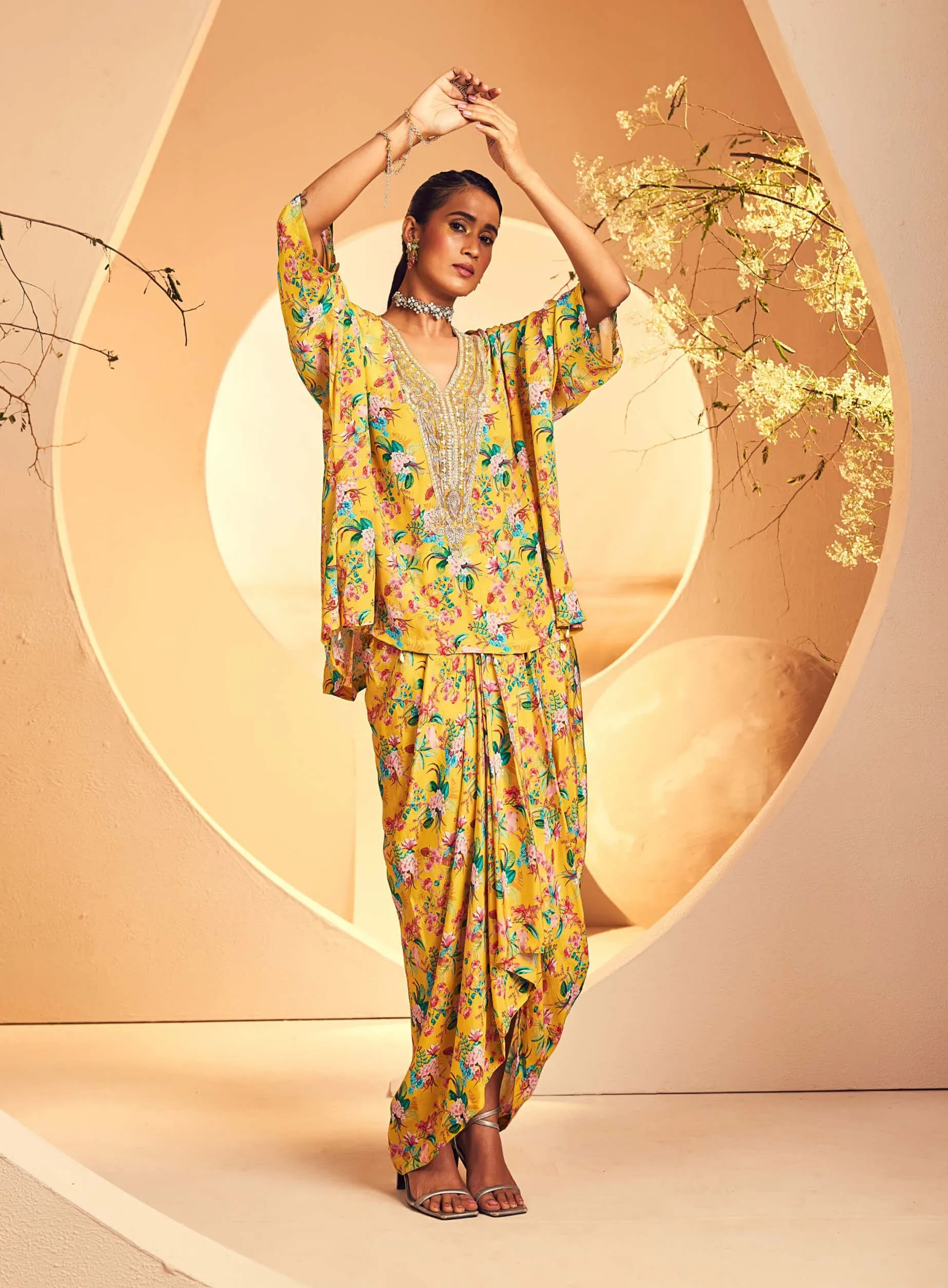Yellow chintz printed poncho and dhoti