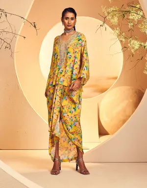 Yellow chintz printed poncho and dhoti