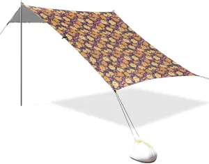 Yellow Flowers Dark Violet Foldable Beach Canopy UPF50  Protection Easy Setup Outdoor Sun Shade with Sand Pockets for Camping, Picnics, Backyard & Fishing