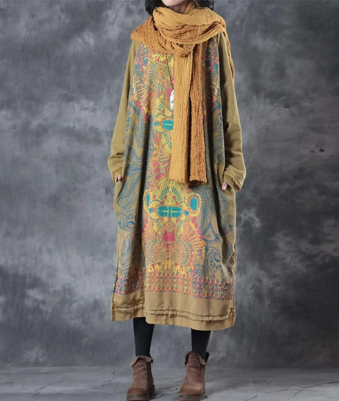 YESNO Women Long Loose Fit Sweatshirt Dress Ombre Ethnic Printed 4/5 Sleeve Side Slit with Pockets Tunic Pullover JGP