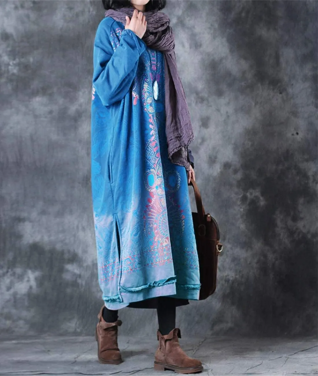 YESNO Women Long Loose Fit Sweatshirt Dress Ombre Ethnic Printed 4/5 Sleeve Side Slit with Pockets Tunic Pullover JGP