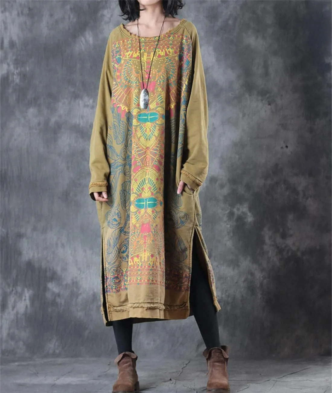 YESNO Women Long Loose Fit Sweatshirt Dress Ombre Ethnic Printed 4/5 Sleeve Side Slit with Pockets Tunic Pullover JGP