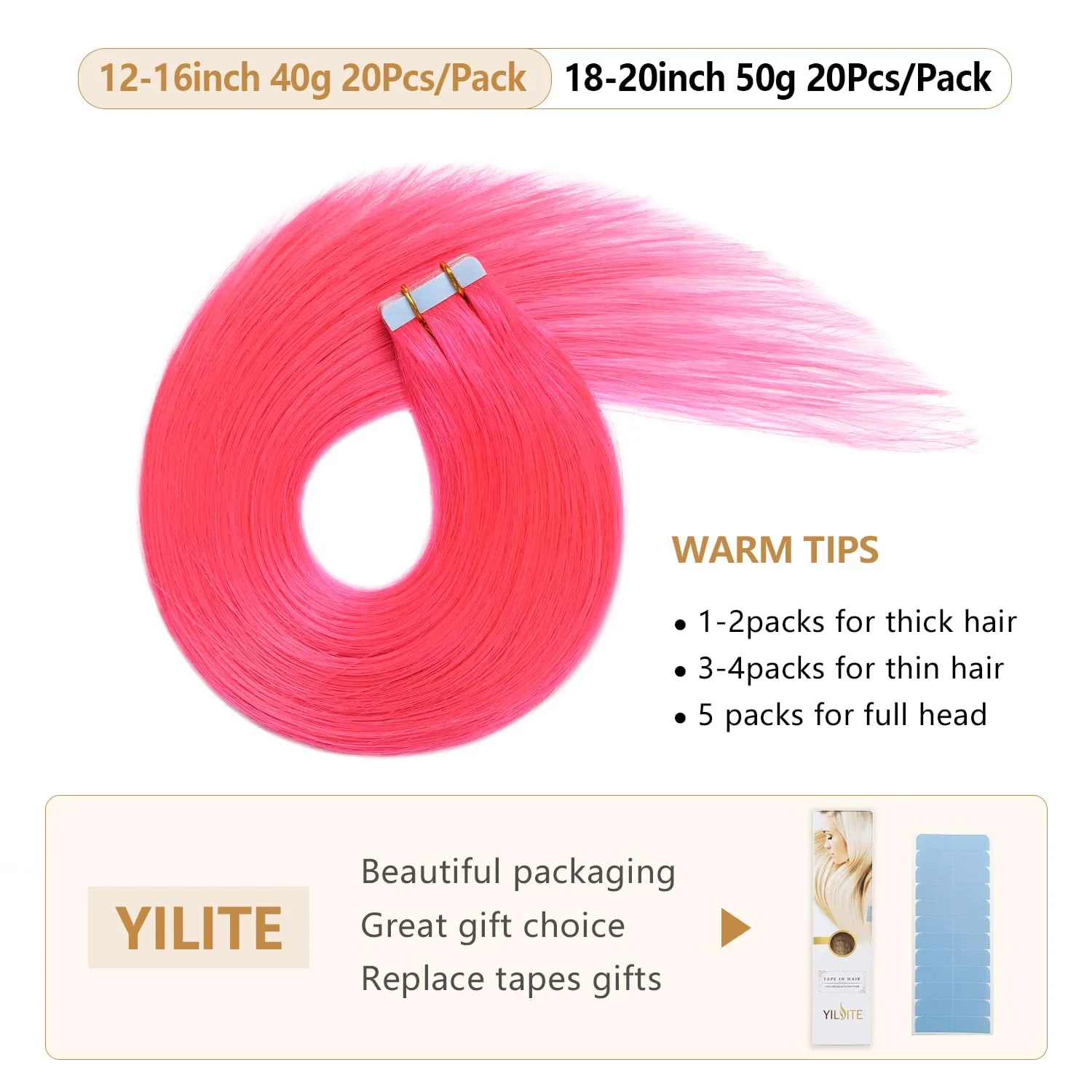 YILITE 20pcs 40G Fashion Pink Tape in Hair Extensions - 14 inch Remy Human Hair Seamless Skin Weft