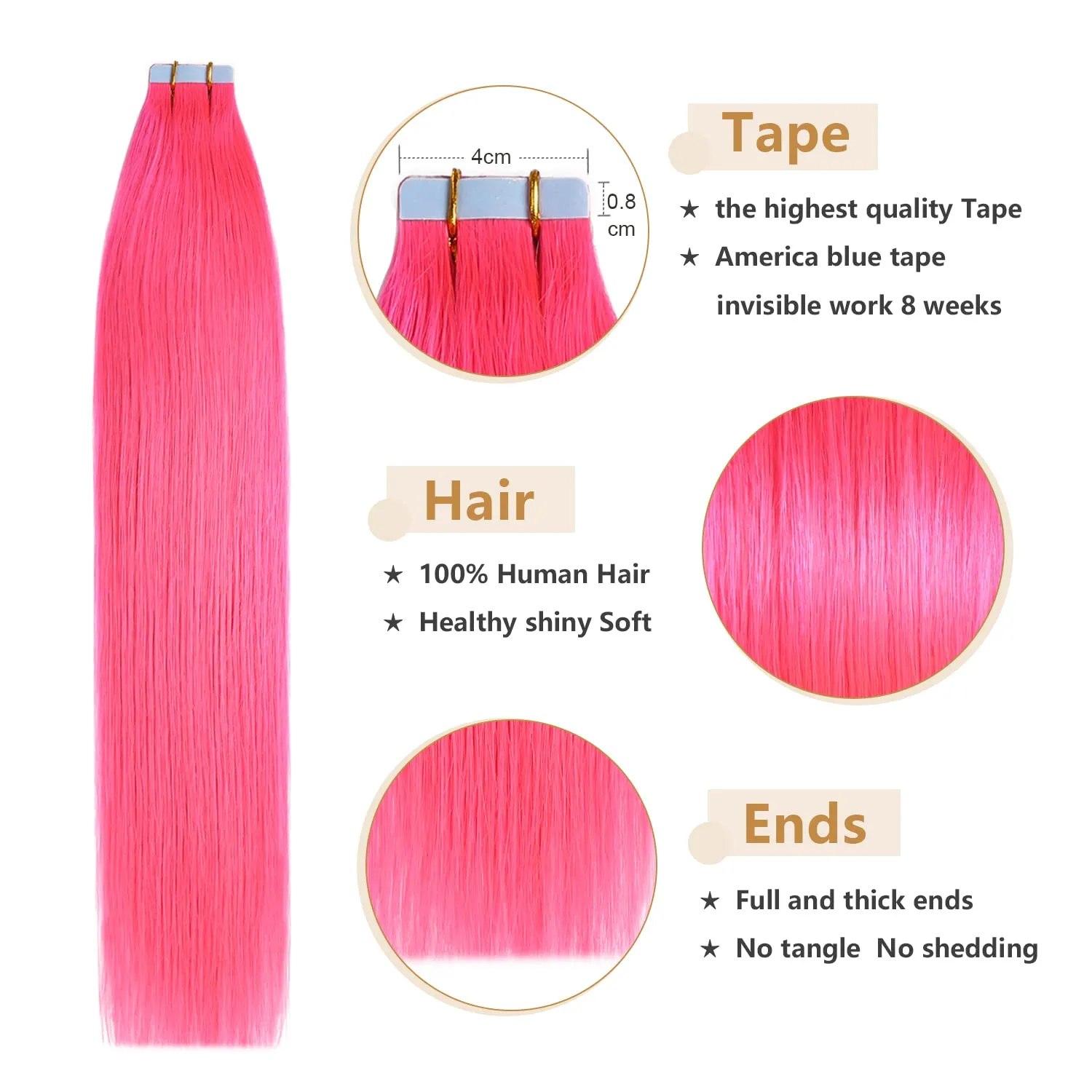 YILITE 20pcs 40G Fashion Pink Tape in Hair Extensions - 14 inch Remy Human Hair Seamless Skin Weft