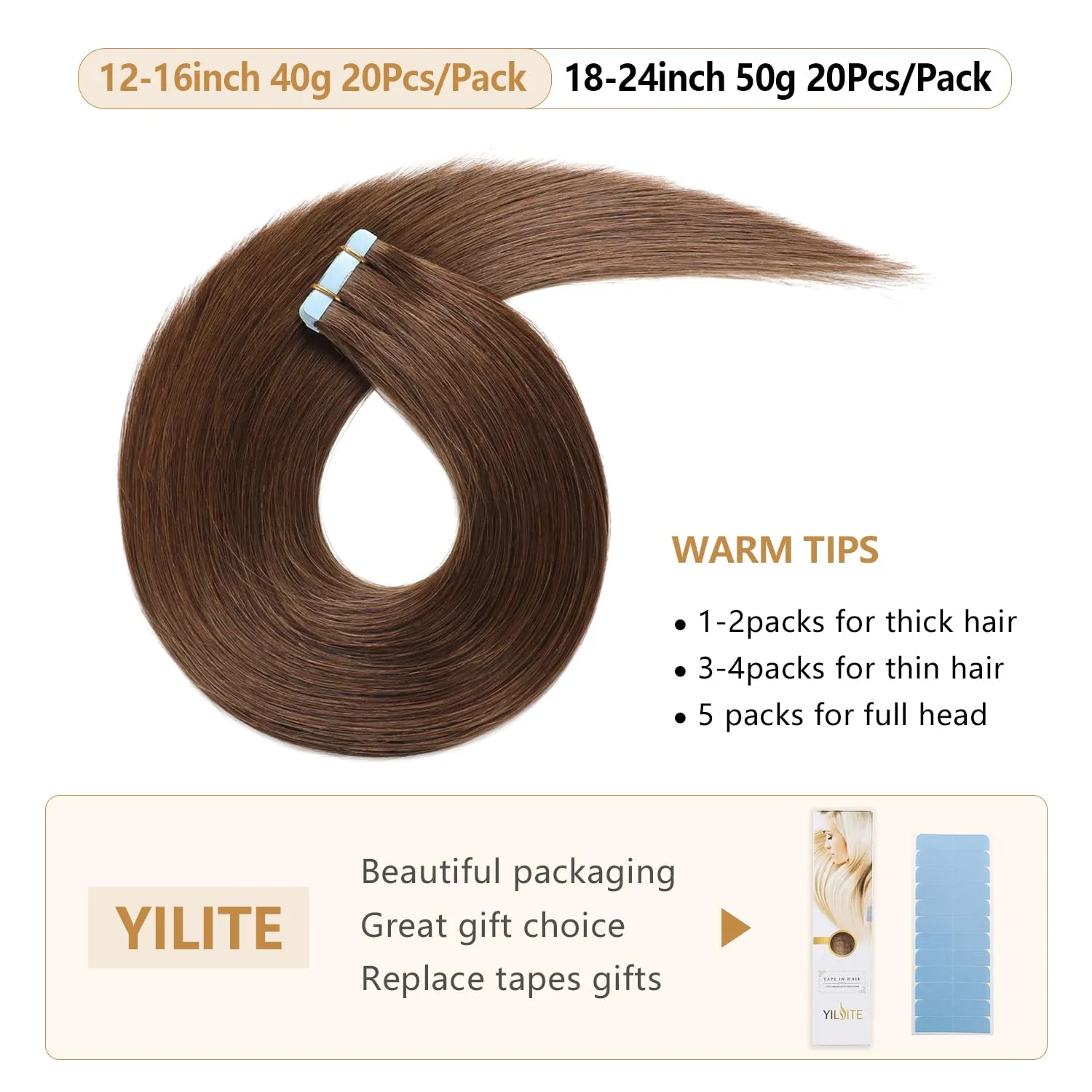 YILITE Tape in Hair Extensions #4 Medium Brown Color Remy Human Hair Silky Straight Seamless Skin Weft Real Natural Hair Tape in Extensions 20pcs 40g 14 inches