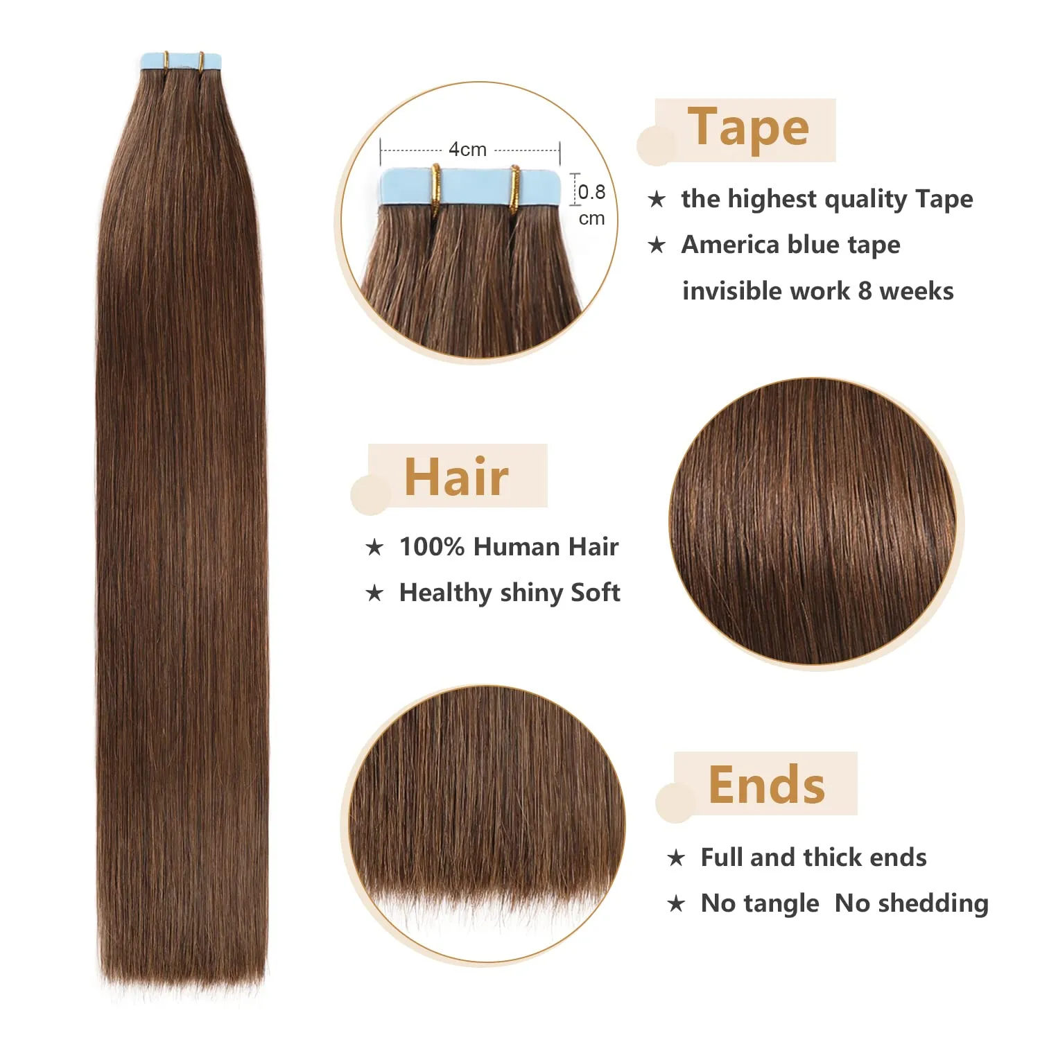 YILITE Tape in Hair Extensions #4 Medium Brown Color Remy Human Hair Silky Straight Seamless Skin Weft Real Natural Hair Tape in Extensions 20pcs 40g 14 inches