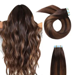 YILITE Tape in Hair Extensions Balayage Darkest Brown Roots Fading to Darkest Brown and Chestnut Brown 40g 20pcs Real Remy Tape in Human Hair Extensions Straight 16 inches