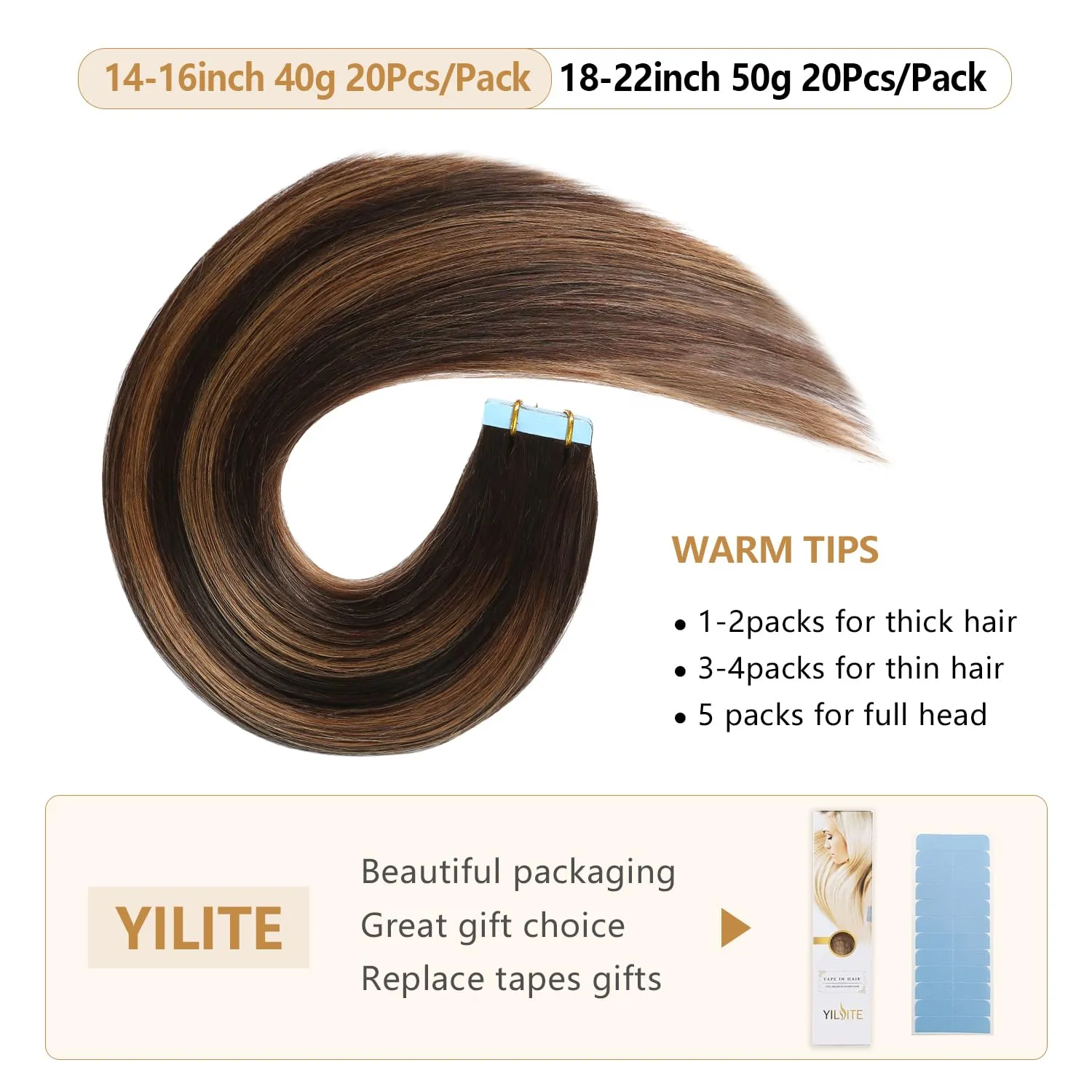 YILITE Tape in Hair Extensions Balayage Darkest Brown Roots Fading to Darkest Brown and Chestnut Brown 40g 20pcs Real Remy Tape in Human Hair Extensions Straight 16 inches
