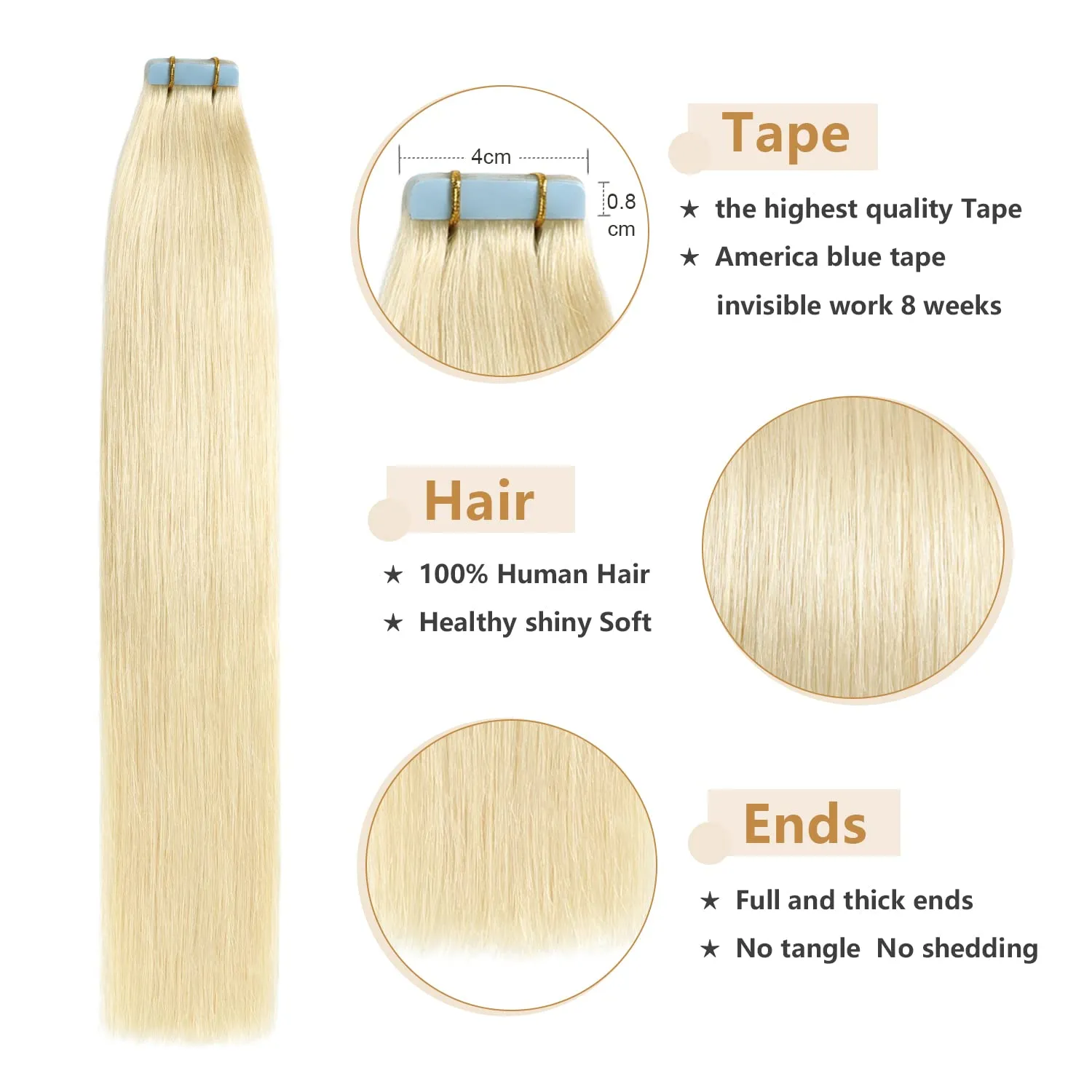 YILITE Tape in Hair Extensions - Real Human Hair, 60 Platinum Blonde, 16 Inch, Invisible, 40g, Natural, 20 Pcs (16 Inches #60)