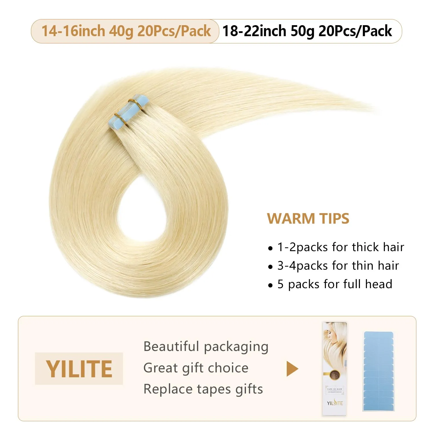 YILITE Tape in Hair Extensions - Real Human Hair, 60 Platinum Blonde, 16 Inch, Invisible, 40g, Natural, 20 Pcs (16 Inches #60)