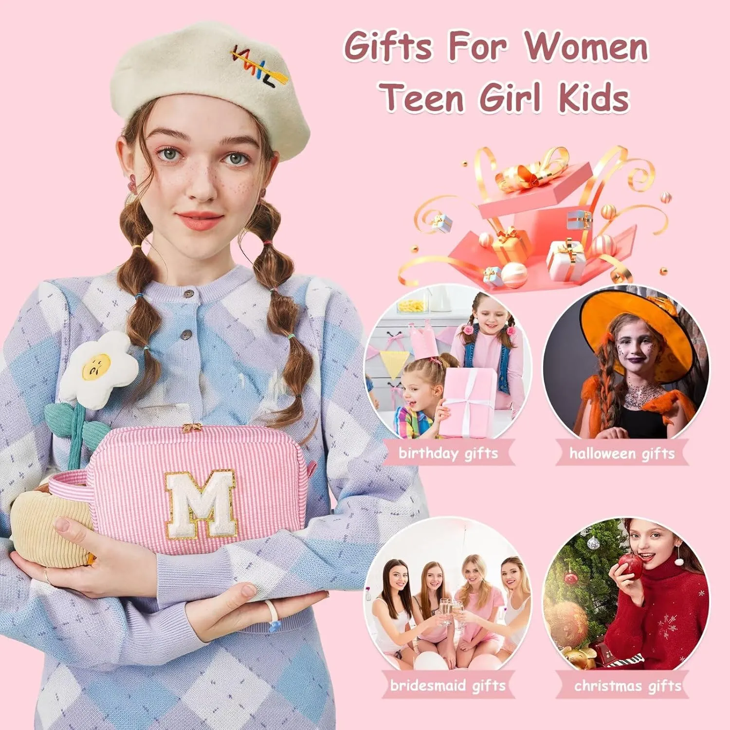 YOOLIFE Birthday Gifts for 4 5 6 7 8 9 10 11 12 13 14 Year Old Girl, Teen Girl Gifts Trendy Stuff, Initial Makeup Bag, Travel Toiletry Pouch, Pink M