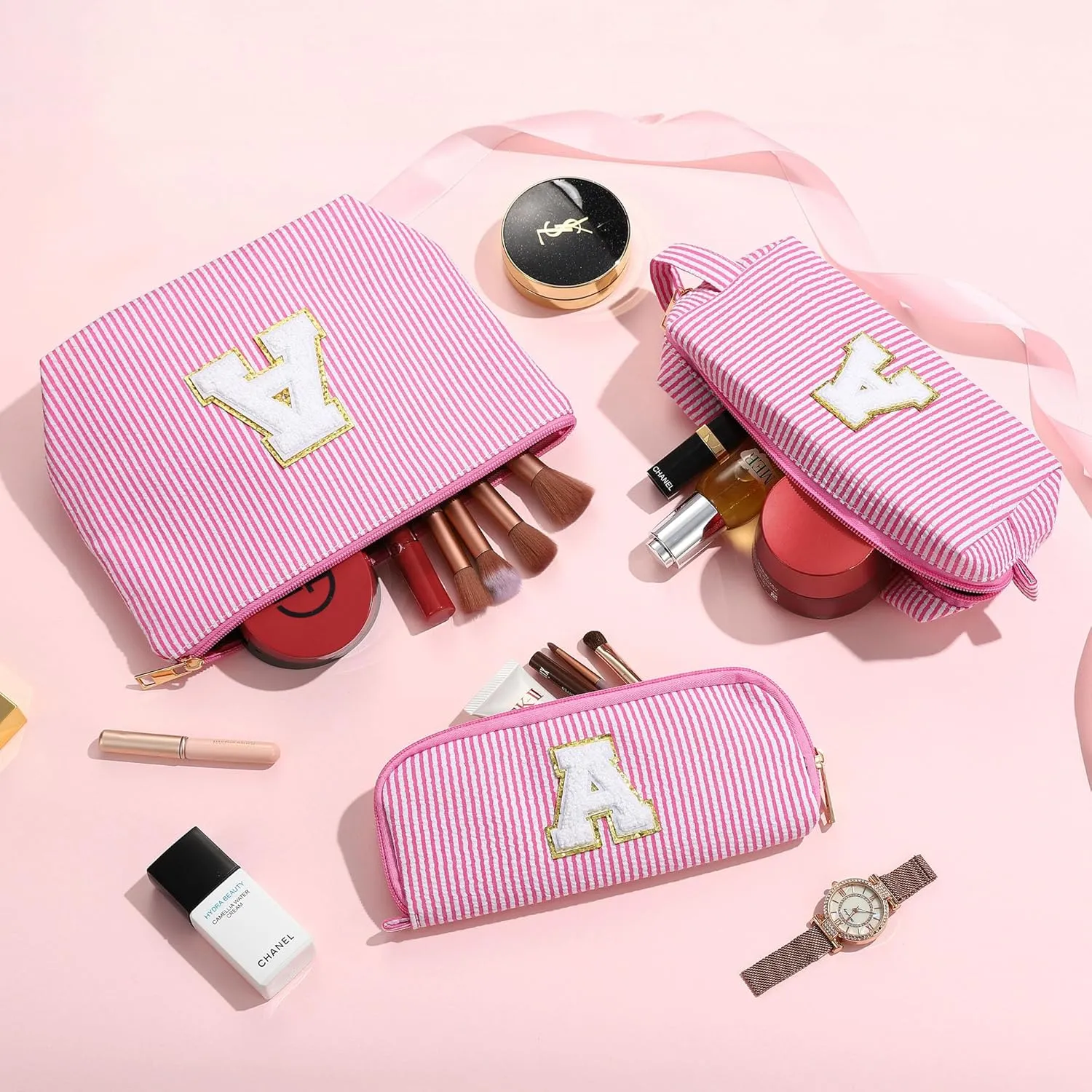 YOOLIFE Birthday Gifts - Personalized Initial Cute Pink Cosmetic Makeup Bag Make Up Bag Travel Toiletry Bag for Her Mom Girlfriend Wife Teacher Skincare for Girls 10-12 A Teenage Girl Gifts