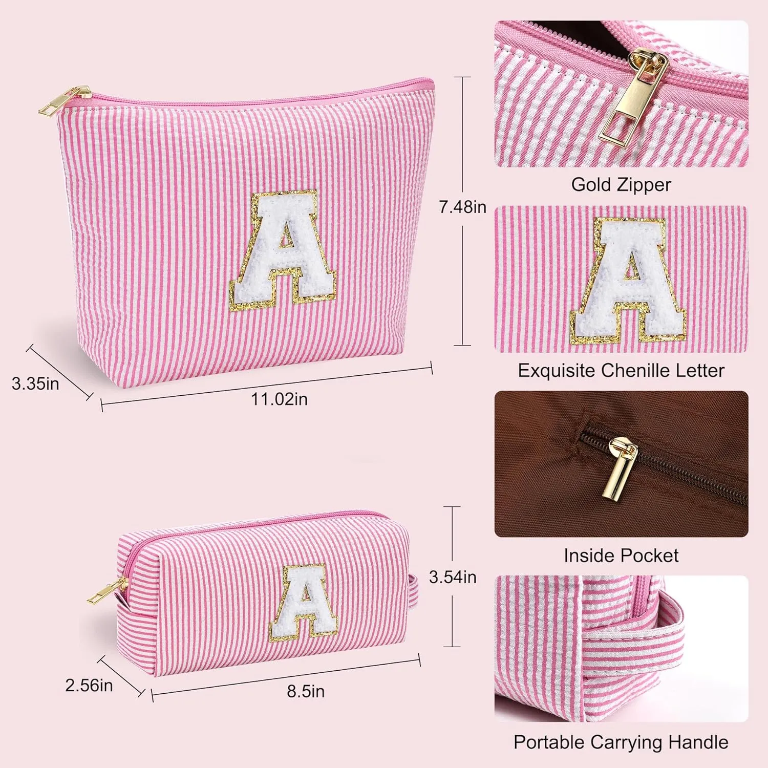YOOLIFE Birthday Gifts - Personalized Initial Cute Pink Cosmetic Makeup Bag Make Up Bag Travel Toiletry Bag for Her Mom Girlfriend Wife Teacher Skincare for Girls 10-12 A Teenage Girl Gifts