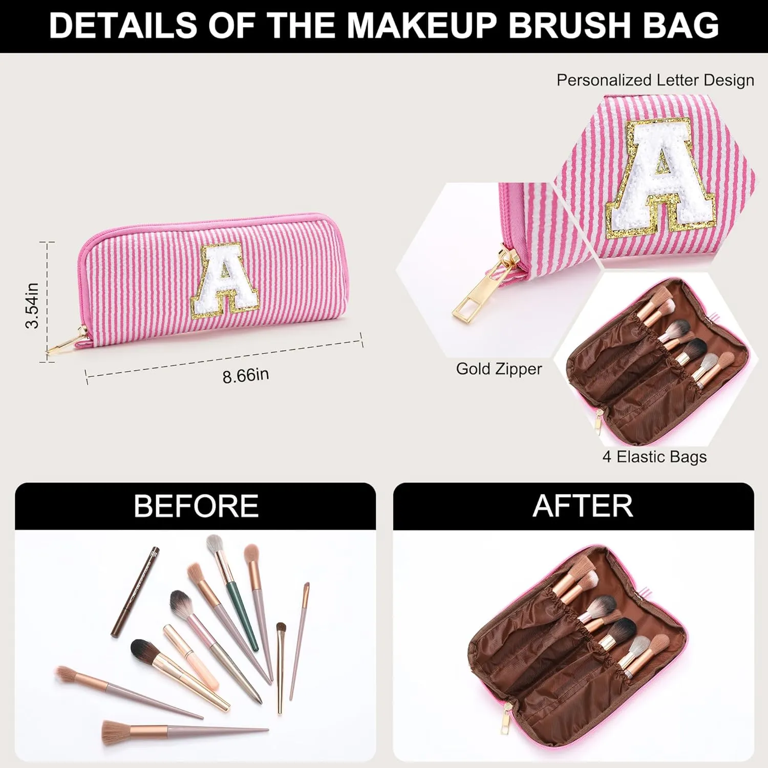 YOOLIFE Birthday Gifts - Personalized Initial Cute Pink Cosmetic Makeup Bag Make Up Bag Travel Toiletry Bag for Her Mom Girlfriend Wife Teacher Skincare for Girls 10-12 A Teenage Girl Gifts