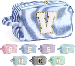 YOOLIFE Blue Cosmetic Travel Makeup Bag - Monogram Cute Initial Makeup Bags Cosmetic Toiletry Pouch Make Up Case for Women Her Best Friend Friendship Teacher, Personalized Birthday Gifts for Women V