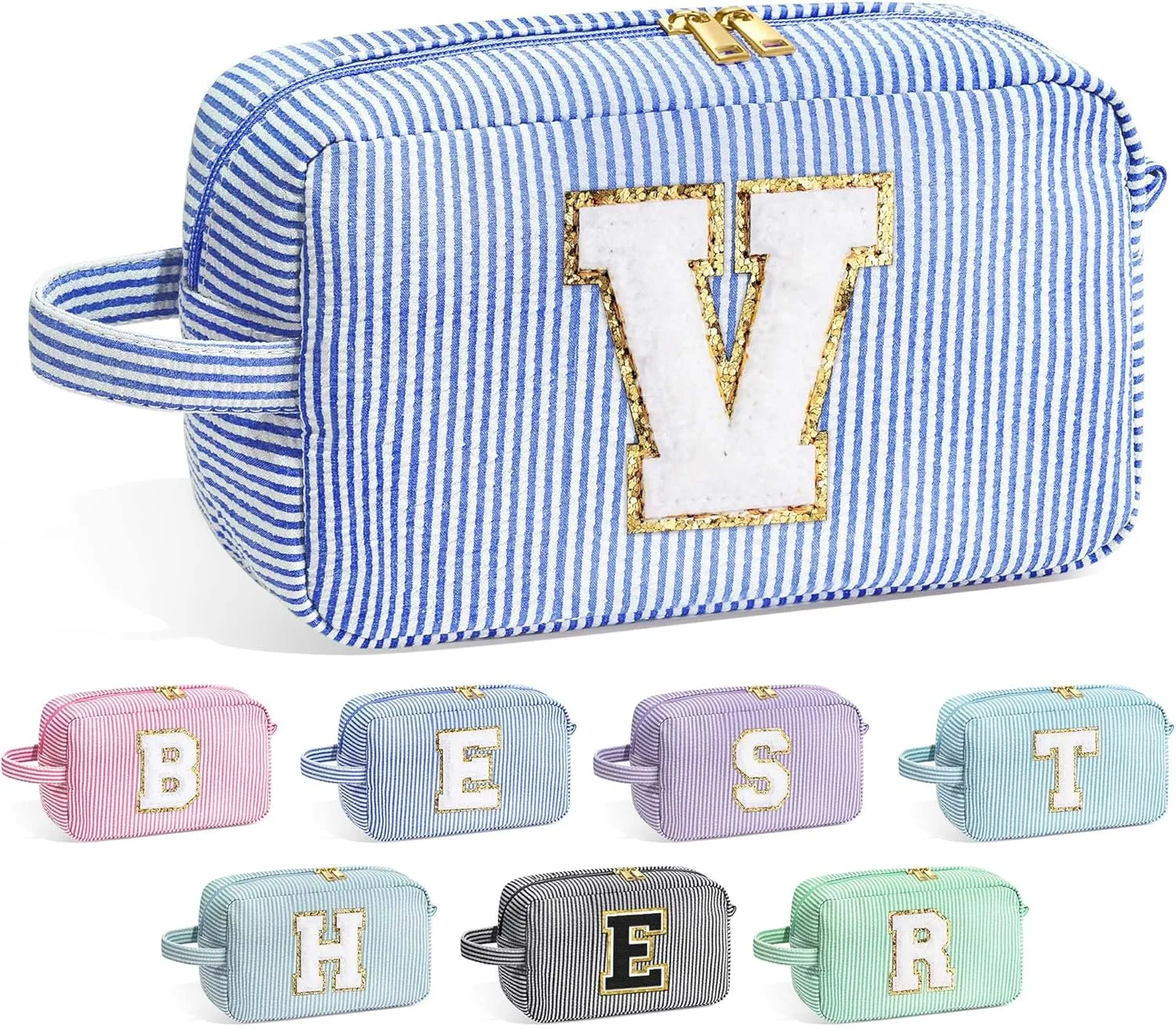YOOLIFE Blue Cosmetic Travel Makeup Bag - Monogram Cute Initial Makeup Bags Cosmetic Toiletry Pouch Make Up Case for Women Her Best Friend Friendship Teacher, Personalized Birthday Gifts for Women V