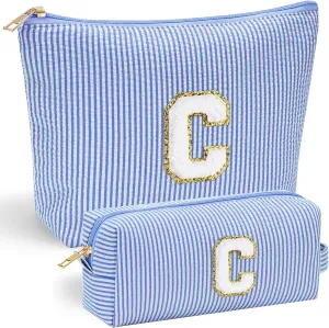 YOOLIFE Cute Makeup Bag for Girls Women - Personalized Initial Blue Makeup Pouch for Girlfriend Bridesmaid Wife | Cosmetic Travel Toiletry Bag for Her Mom | Birthday Preppy Stuff C