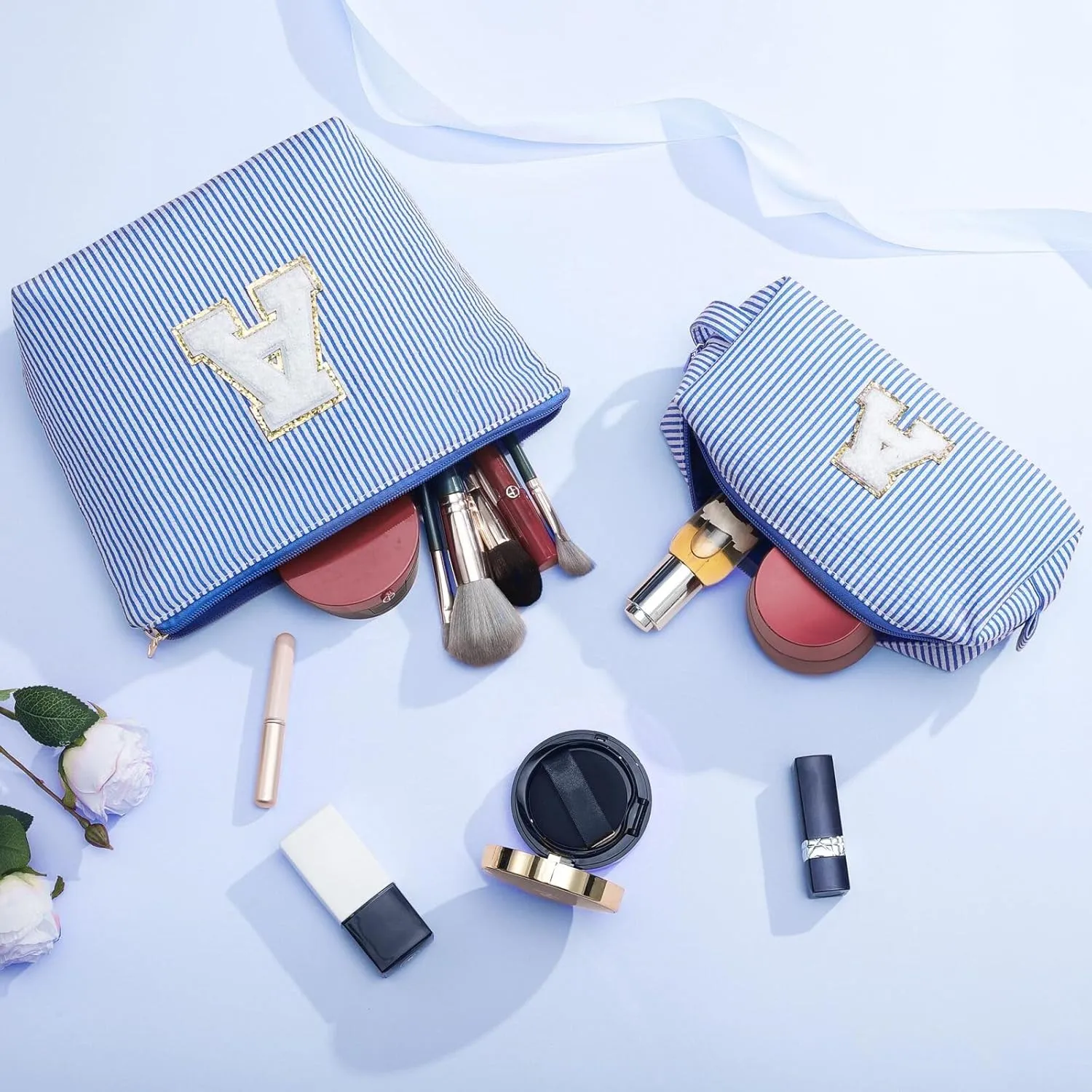 YOOLIFE Cute Makeup Bag for Girls Women - Personalized Initial Blue Makeup Pouch for Girlfriend Bridesmaid Wife | Cosmetic Travel Toiletry Bag for Her Mom | Birthday Preppy Stuff C