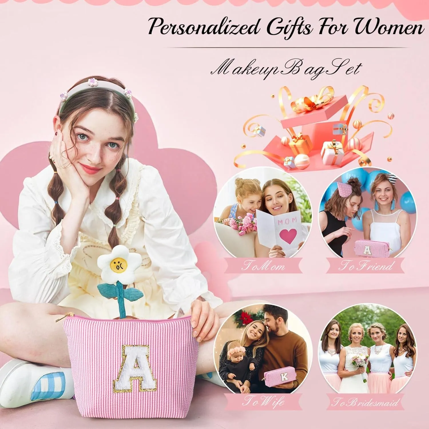 YOOLIFE Initial Makeup Bag for Girls, Travel Cosmetic Bag with Small Makeup Brush Bag Cute Makeup Bag Toiletry Travel Bag Personalized Wife Friend Gifts Makeup Birthday Gifts for Women Her Pink R