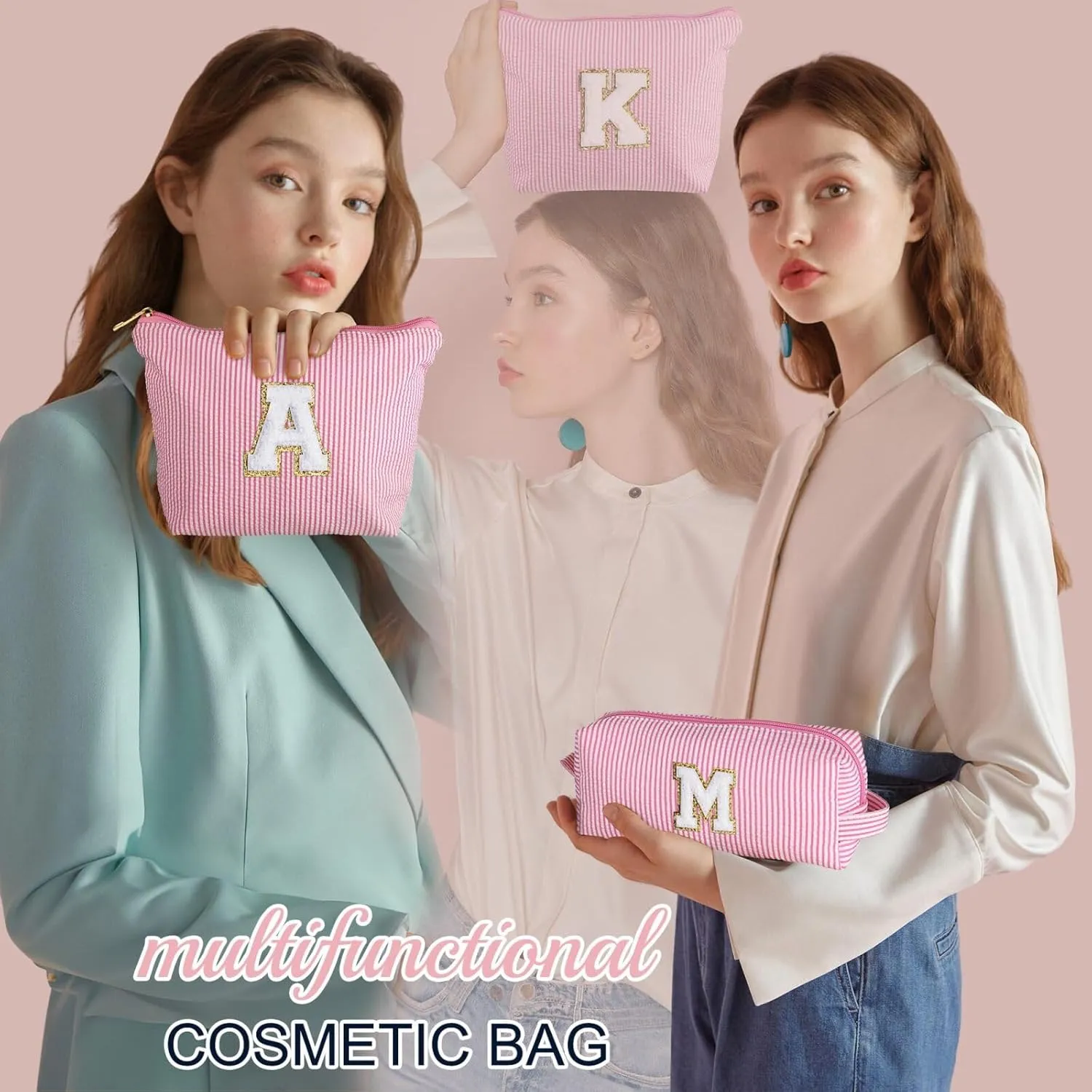 YOOLIFE Initial Makeup Bag for Girls, Travel Cosmetic Bag with Small Makeup Brush Bag Cute Makeup Bag Toiletry Travel Bag Personalized Wife Friend Gifts Makeup Birthday Gifts for Women Her Pink R
