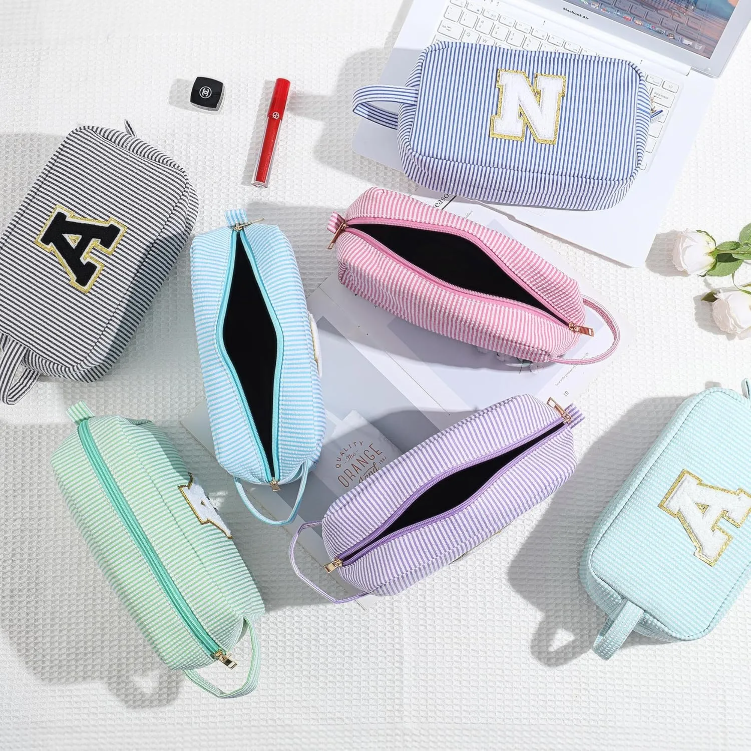 YOOLIFE Initial Makeup Bag for Women - Monogram Cute Blue Makeup Bags Cosmetic Toiletry Pouch Make Up Case for Women Her Best Friend Friendship Sister Teacher, Personalized Birthday Gifts for Women J