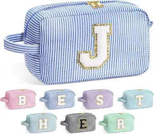 YOOLIFE Initial Makeup Bag for Women - Monogram Cute Blue Makeup Bags Cosmetic Toiletry Pouch Make Up Case for Women Her Best Friend Friendship Sister Teacher, Personalized Birthday Gifts for Women J