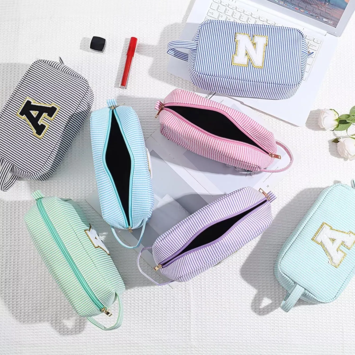 YOOLIFE Initial Makeup Bag for Women - Monogram Cute Blue Makeup Bags Cosmetic Toiletry Pouch Make Up Case for Women Her Best Friend Friendship Sister Teacher, Personalized Birthday Gifts for Women J