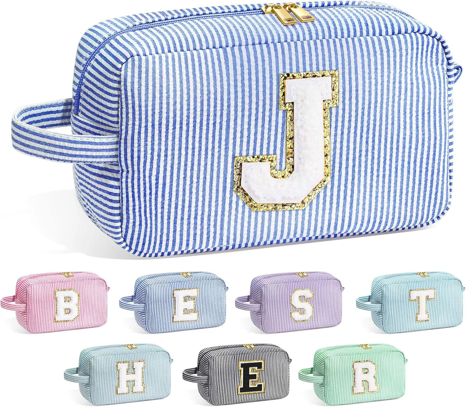 YOOLIFE Initial Makeup Bag for Women - Monogram Cute Blue Makeup Bags Cosmetic Toiletry Pouch Make Up Case for Women Her Best Friend Friendship Sister Teacher, Personalized Birthday Gifts for Women J